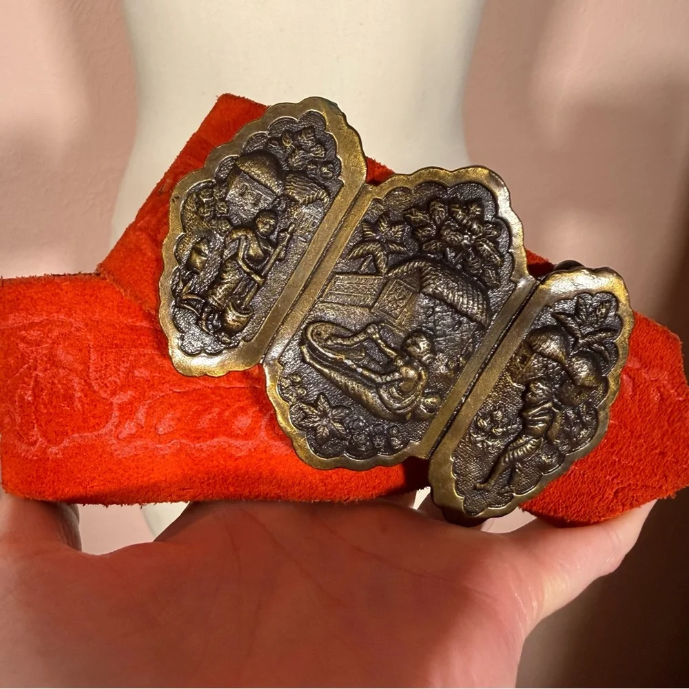 Vintage 1960 70 Boho Exotic Brass buckle Embossed red Leather wide festival Belt